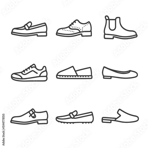 Smart Casual Footwear Icons. Outline icon set of smart casual footwear options: loafers, brogues, Chelsea boots, sneakers,