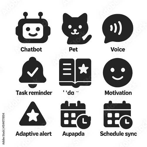Personal AI Icons. Solid, filled icons set of personal AI companions: chatbot avatar, digital pet, voice