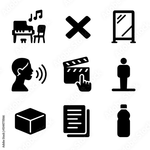 Performance Prep Icons. Solid, filled icons set of rehearsal and performance prep: rehearsal room, mark on