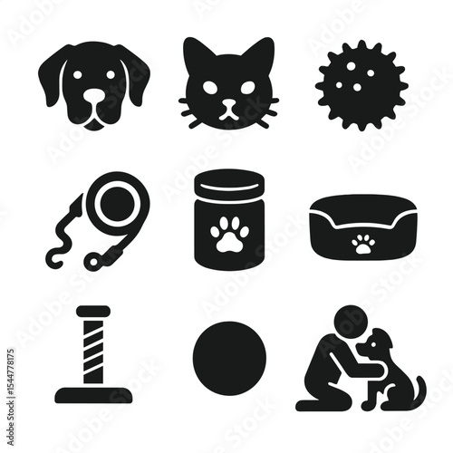 Pet Icons Collection. Solid, filled icons set of spending time with a pet: dog icon, cat icon, pet toy, leash, treat jar, pet bed, scratching post, ball icon, cuddle moment.