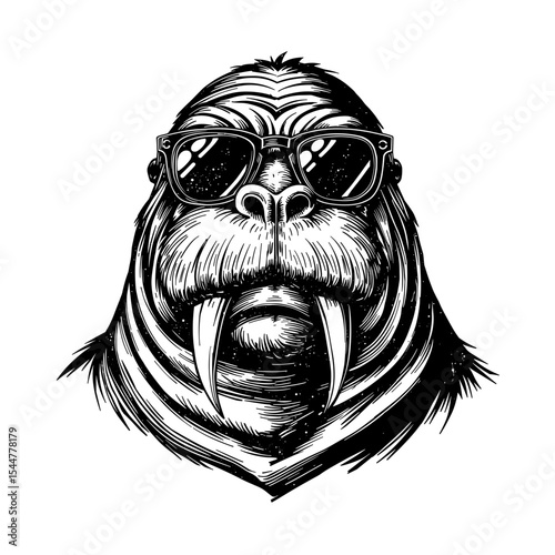 An illustrated portrait of a stylish walrus sporting sunglasses, exuding an air of cool confidence with its impressive tusks and captivating gaze. vector illustration