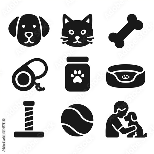 Pet Icons Collection. Solid, filled icons set of spending time with a pet: dog icon, cat icon, pet toy, leash, treat jar, pet bed, scratching post, ball icon, cuddle moment.