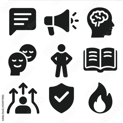Persuasion Icons Grid. Solid, filled icons set of persuasion methods: talking points, megaphone, psychology