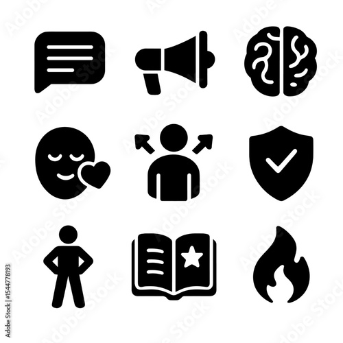 Persuasion Icons Grid. Solid, filled icons set of persuasion methods: talking points, megaphone, psychology