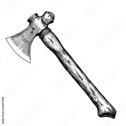 An intricately detailed illustration depicts an axe, a tool associated with woodworking and craftsmanship, showcasing the sharp blade and sturdy wooden handle.