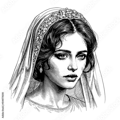 A striking portrait of a veiled woman, capturing timeless elegance. This monochrome image showcases detailed linework and exquisite features. vector illustration