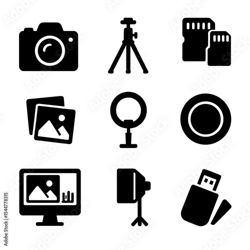 Photography Workspace Icons. Solid, filled icons set of photography workspace: DSLR camera, tripod, memory