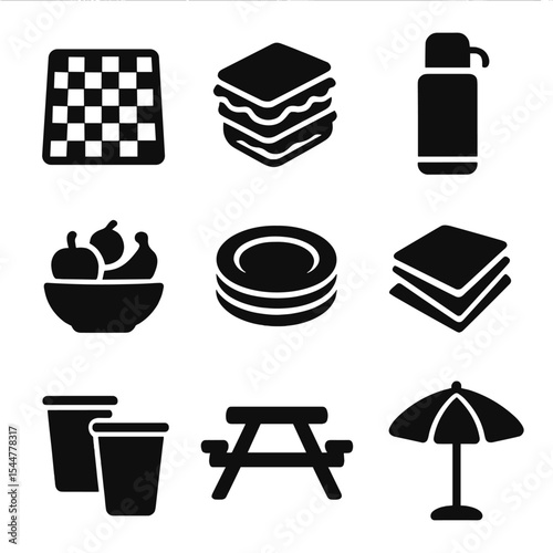 Picnic Essentials Icons. Solid, filled icons set of picnic essentials: checkered blanket, sandwiches, thermos,