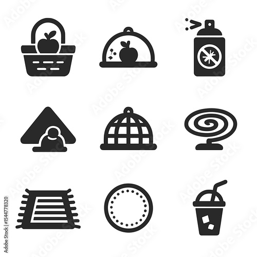 Picnic Protection Icons. Solid, filled icons set of picnic protection tools: basket icon, fruit cover, bug