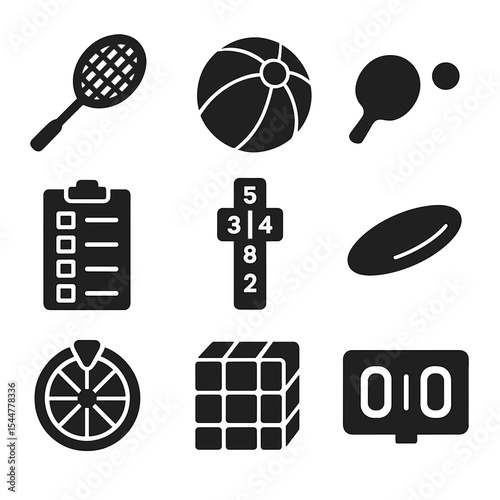 Picnic Games Icon Set. Solid, filled icons set of picnic games and fun: badminton racket, beach ball, paddle