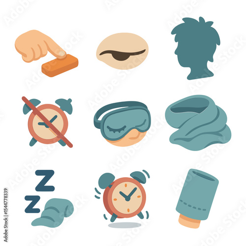 Snooze Behavior Icons. Isometric Flat icon set of morning snooze behaviors: finger hitting snooze, half-closed eyelid, bedhead