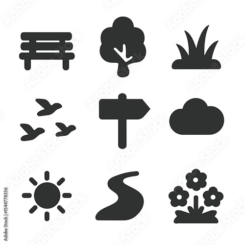 Picnic Scene Icons. Solid, filled icons set of picnic environment: park bench, tree, grass patch, picnic sign,