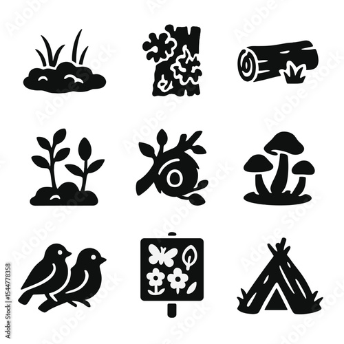 Pine Forest Icons. Solid, filled icons set of pine forest ecosystems: moss carpet, lichens on bark, fallen log