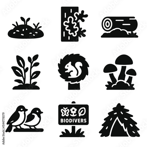 Pine Forest Icons. Solid, filled icons set of pine forest ecosystems: moss carpet, lichens on bark, fallen log