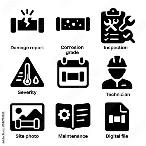 Pipeline Inspection Icons. Solid, filled icons set of pipeline inspection reporting: damage report, corrosion