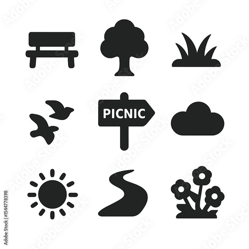 Picnic Scene Icons. Solid, filled icons set of picnic environment: park bench, tree, grass patch, picnic sign,