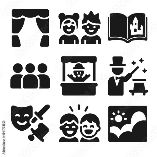Playful Performance Icons. Solid, filled icons set of family-friendly playtime: stage curtain, children in