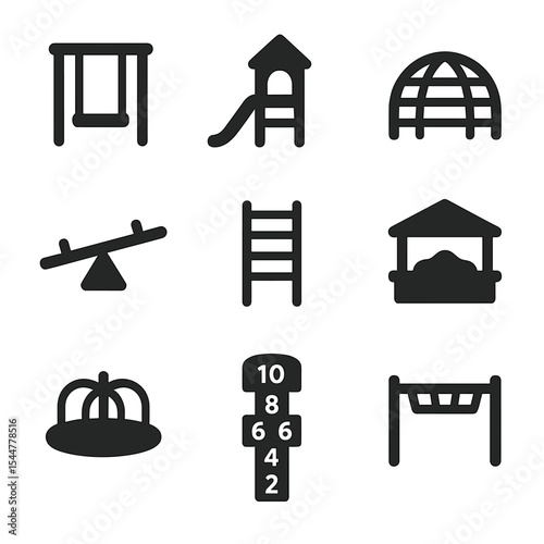 Playground Equipment Icons. Solid, filled icons set of playground equipment: swing, slide, jungle gym, seesaw, climbing frame, sandbox, merry-go-round, hopscotch, monkey bars.