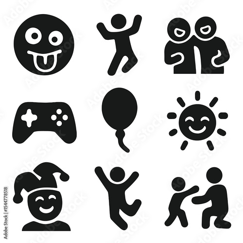 Playful Joy Icons. Solid, filled icons set of playfulness and joy: silly face, fun dance, shared laughter, game icon, bright balloon, happy doodle, funny hat, joyful jump, playful moment.
