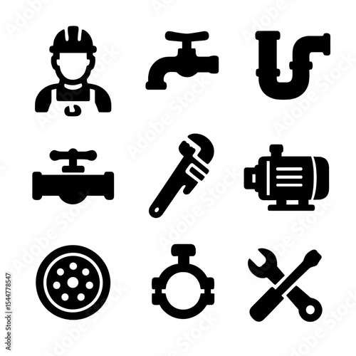 Plumbing Icons Grid. Solid, filled icons set of professional plumbing services: plumber icon, faucet, pipe