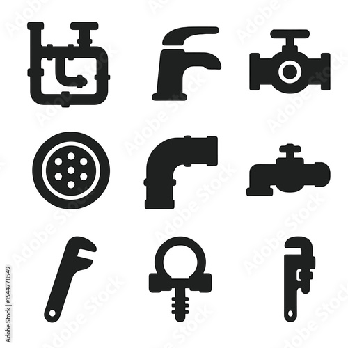 Plumbing Icons Set. Solid, filled icons set of building plumbing systems: pipe network, faucet icon, valve