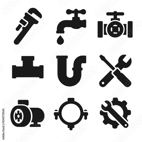Plumbing Icons Grid. Solid, filled icons set of plumbing maintenance and repair: pipe wrench, faucet icon,