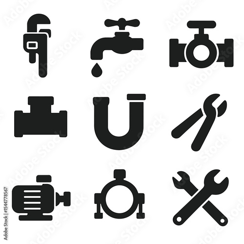 Plumbing Icons Grid. Solid, filled icons set of plumbing maintenance and repair: pipe wrench, faucet icon,