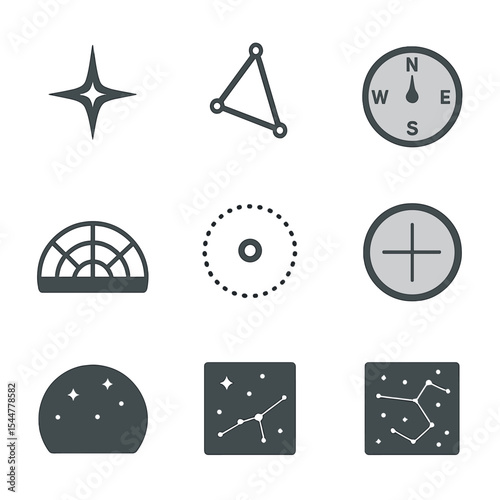 Southern Celestial Pole Icons. Isometric Flat icon set of southern celestial pole mapping: Sigma Octantis, Octans constellation,