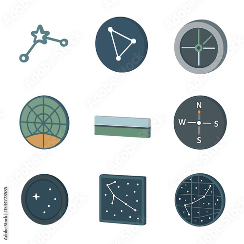 Southern Celestial Pole Icons. Isometric Flat icon set of southern celestial pole mapping: Sigma Octantis, Octans constellation,