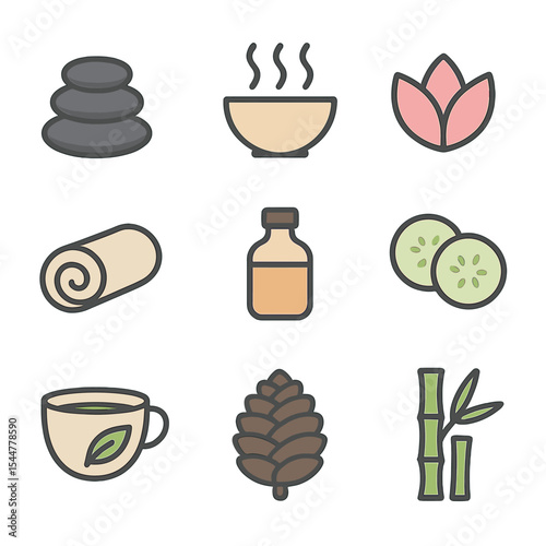 Spa Icon Collection. Flat icon set of spa rejuvenation: hot stone, steam bowl, lotus flower, towel roll, essential oil bottle,