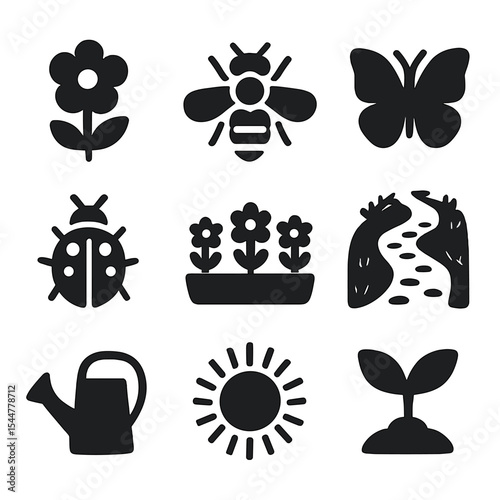Pollinator Icon Set. Solid, filled icons set of attracting pollinators: wildflower icon, bee icon, butterfly icon, ladybug, flower bed, garden path, watering can, sun icon, plant growth.