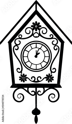Ornate Cuckoo Clock Silhouette with Floral Swirls Decorative Pendulum Vector 