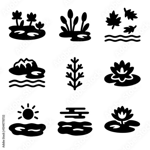 Pond Seasons Icons. Solid, filled icons set of pond seasons: spring bloom, summer pond, autumn leaves, winter