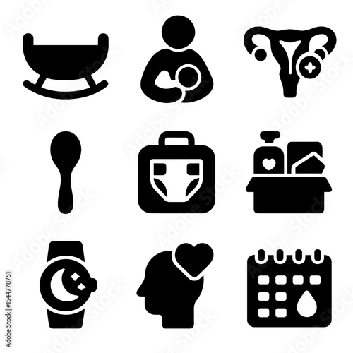 Postpartum Health Icons. Solid, filled icons set of postpartum health: baby cradle, breastfeeding icon,