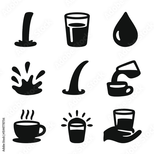 Pouring Water Icons. Solid, filled icons set of pouring water moments: water stream, filled glass, clear drop,
