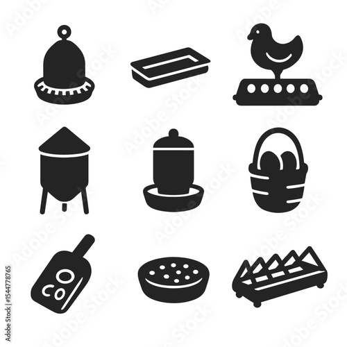 Poultry Feeding Icons. Solid, filled icons set of poultry feeding systems: hanging feeder, feed tray, chick