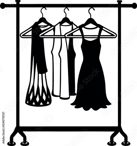 Clothes rack with dress other garments hanging on coat hangers Vector Silhouette