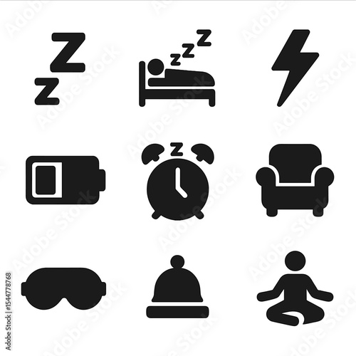 Power Nap Icons. Solid, filled icons set of power naps and breaks: snooze button, short rest, power nap symbol, quick recharge, nap timer, cozy nap zone, eye cover, meditation bell, mini rest period.