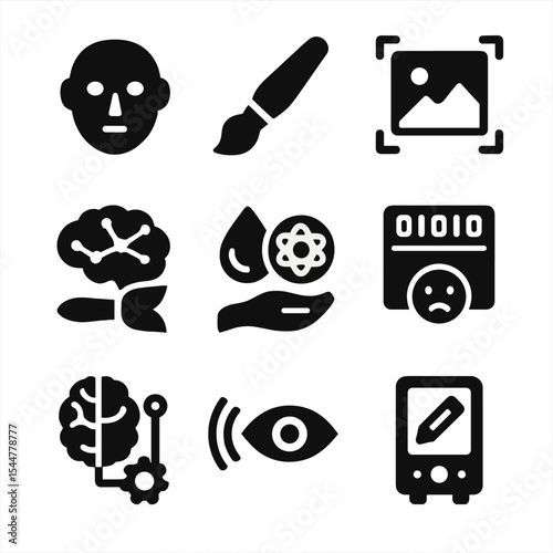 Post-Human Expression Icons. Solid, filled icons set of post-human expression: robotic face, digital brush,