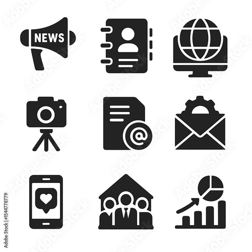 PR Distribution Icons. Solid, filled icons set of PR distribution channels: newswire service, journalist list,