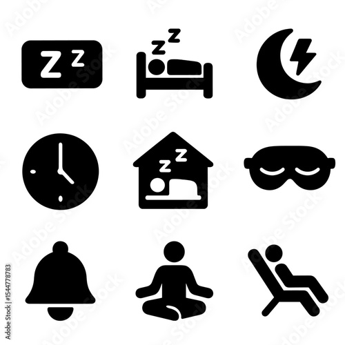 Power Nap Icons. Solid, filled icons set of power naps and breaks: snooze button, short rest, power nap symbol, quick recharge, nap timer, cozy nap zone, eye cover, meditation bell, mini rest period.