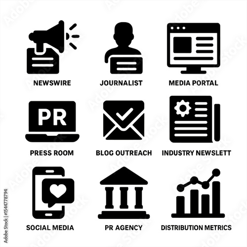 PR Distribution Icons. Solid, filled icons set of PR distribution channels: newswire service, journalist list,