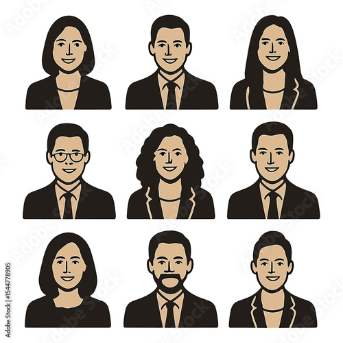 Professional Headshot Icons. Solid, filled icons set of professional headshots: clean backdrop, confident