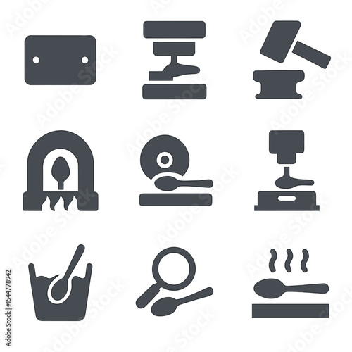 Spoon Production Icons. Flat icon set of spoon manufacturing process: metal sheet, stamping die, forging hammer, annealing furnace