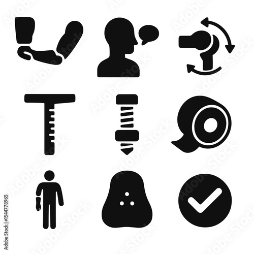 Prosthetics Icon Set. Solid, filled icons set of testing and fitting prosthetics: test fit arm, user feedback,