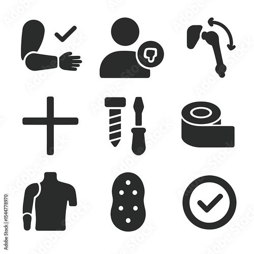 Prosthetics Icon Set. Solid, filled icons set of testing and fitting prosthetics: test fit arm, user feedback,