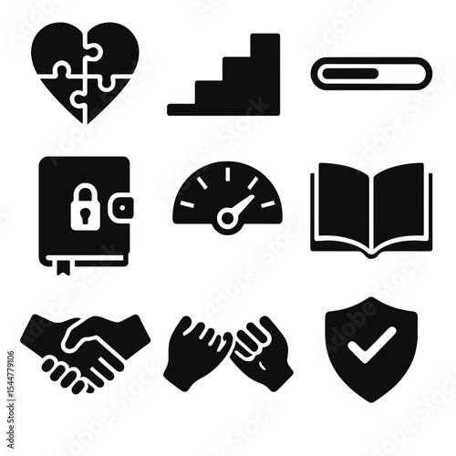 Rebuilding Trust Icons. Solid, filled icons set of rebuilding trust after conflict: puzzle heart, stair steps,