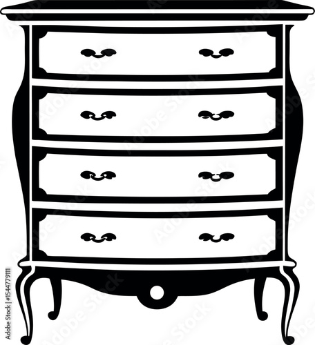 Elegant antique fourdrawer chest of drawers with ornate handles curved legs Vector Silhouette