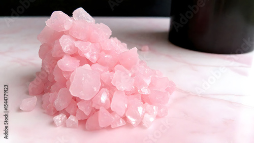 Crushed rose quartz crystals on pink marble texture, wellness background for spa websites or crystal healing Instagram posts