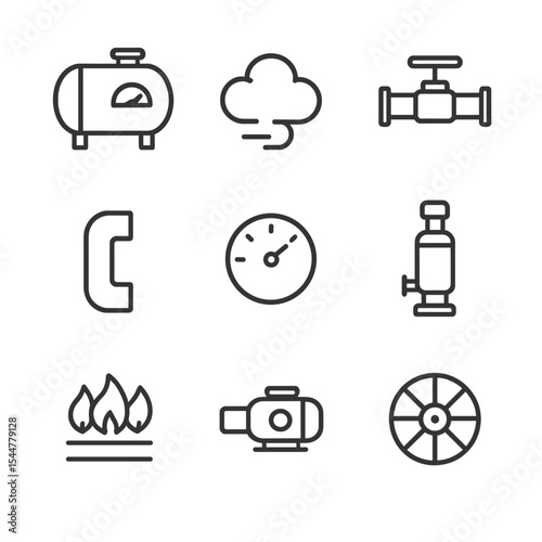 Steam Pressure Icons Set. Outline icon set of steam pressure generation: boiler, steam cloud, valve, pipe, gauge, safety valve,